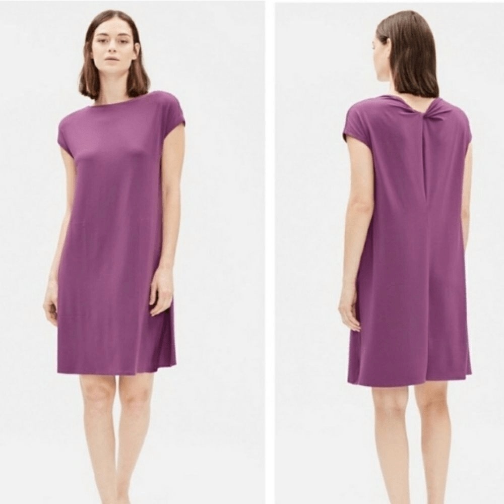 Eileen Fisher Curan Bateau Purple Jersey Twist Back Shift Dress Medium